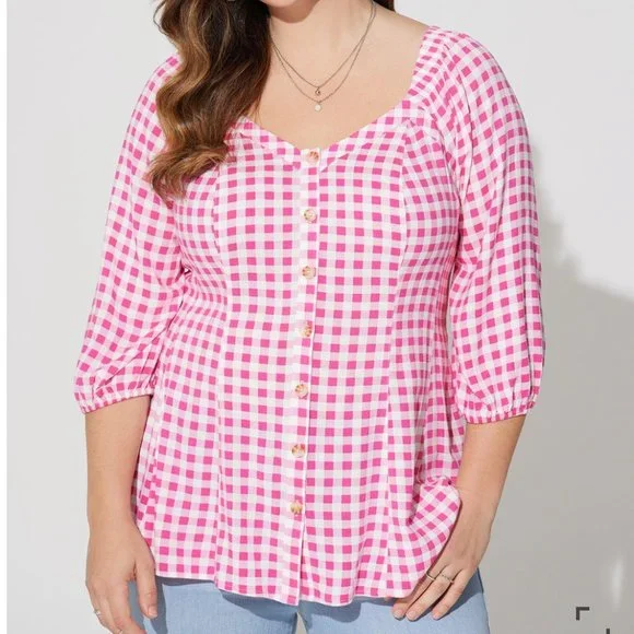 Torrid Fit & Flare Rayon Slub Button Up 3/4 Sleeve Pink Gingham Top - Picture 2 of 14